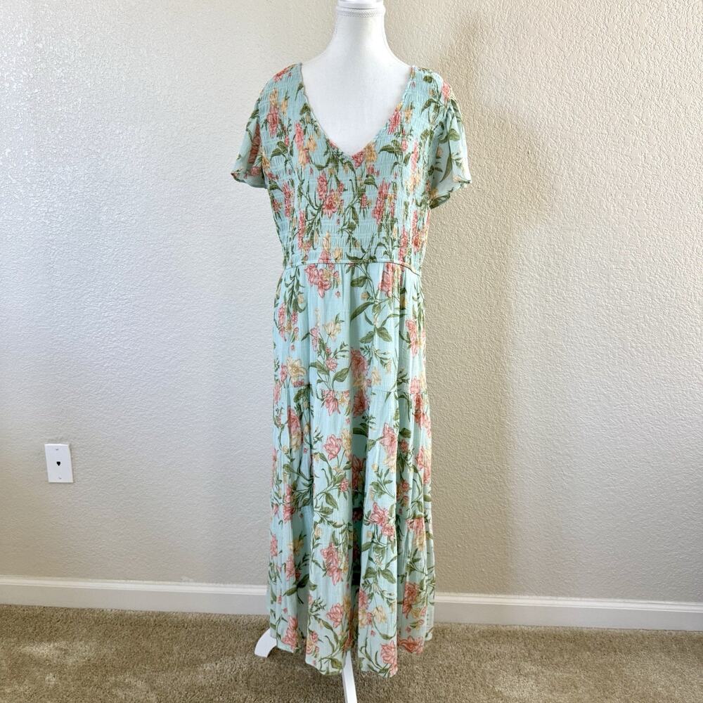 Perch Blu Pepper 2X Floral Maxi Dress Smocked V Neck Tiered Cottagecore Boho
